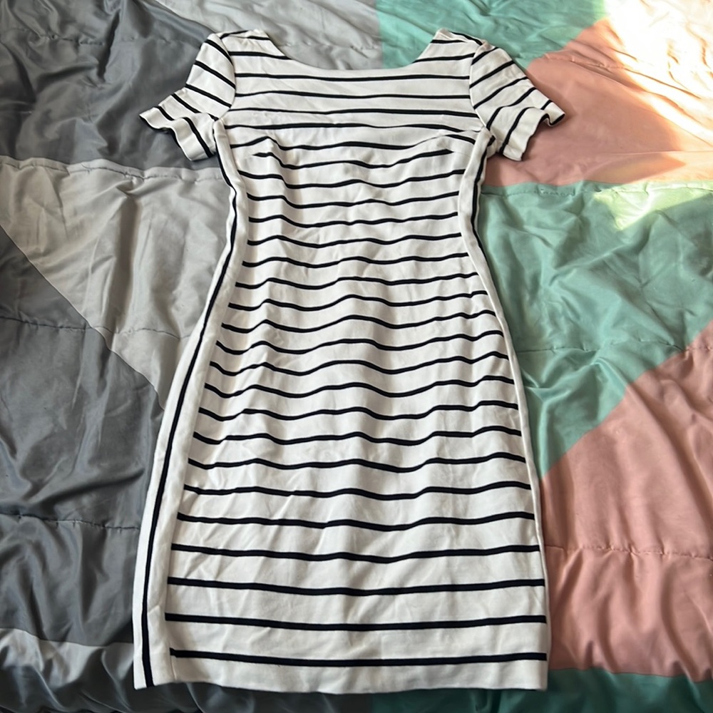 What and black striped dress